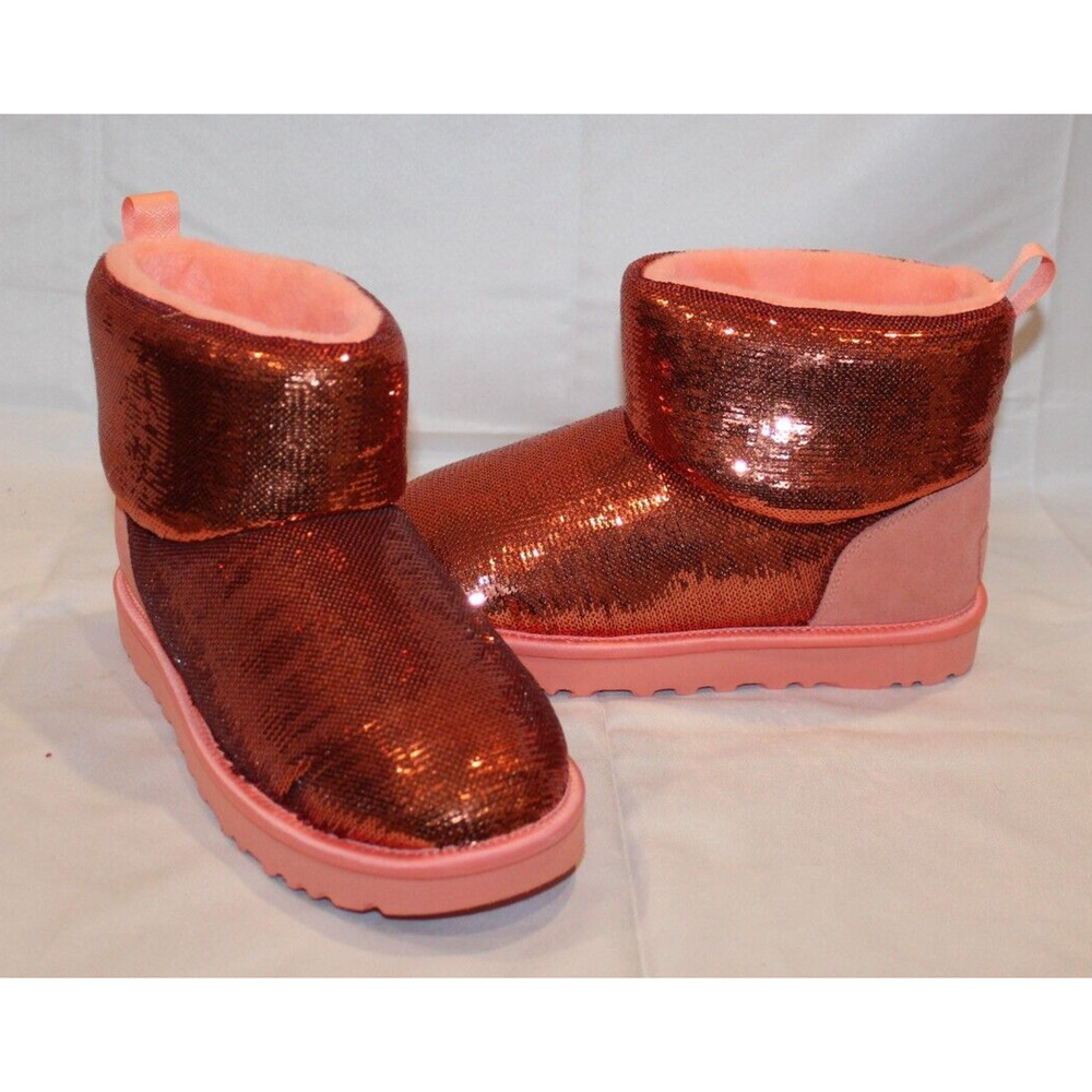 UGG CLASSIC MINI MIRROR BALL STARFISH PINK SEQUIN SUEDE WOMEN'S‎ BOOTS NIB - Picture 2 of 8